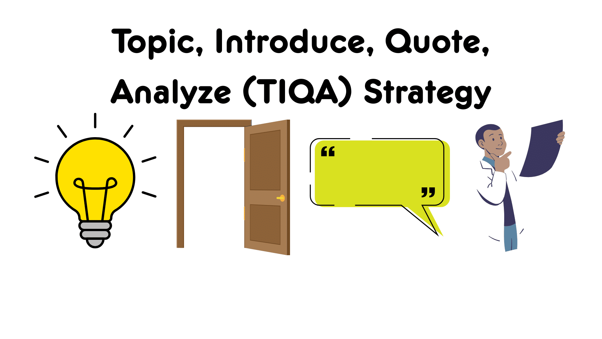 Topic, Introduce, Quote, Analyze (TIQA) Strategy lightbulb open door speech bubble doctor looking at report