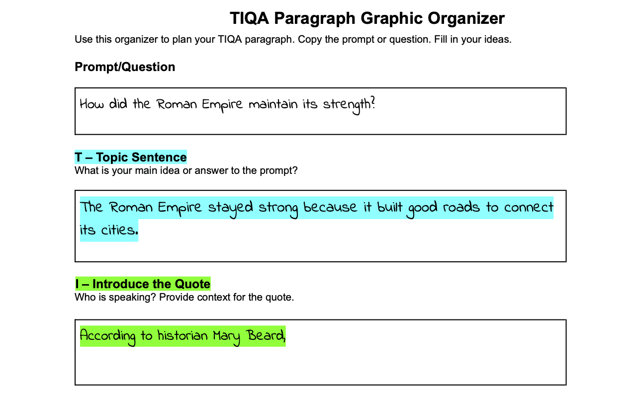 TIQA Sample Graphic Organizer